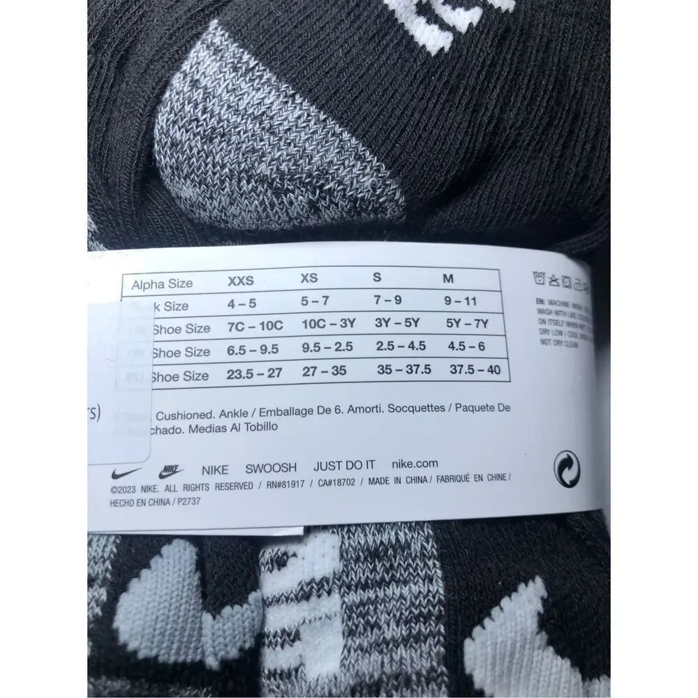 Nike Kids Cushioned Ankle Socks Size 5-7/ Shoe 10C-3Y  6 pack